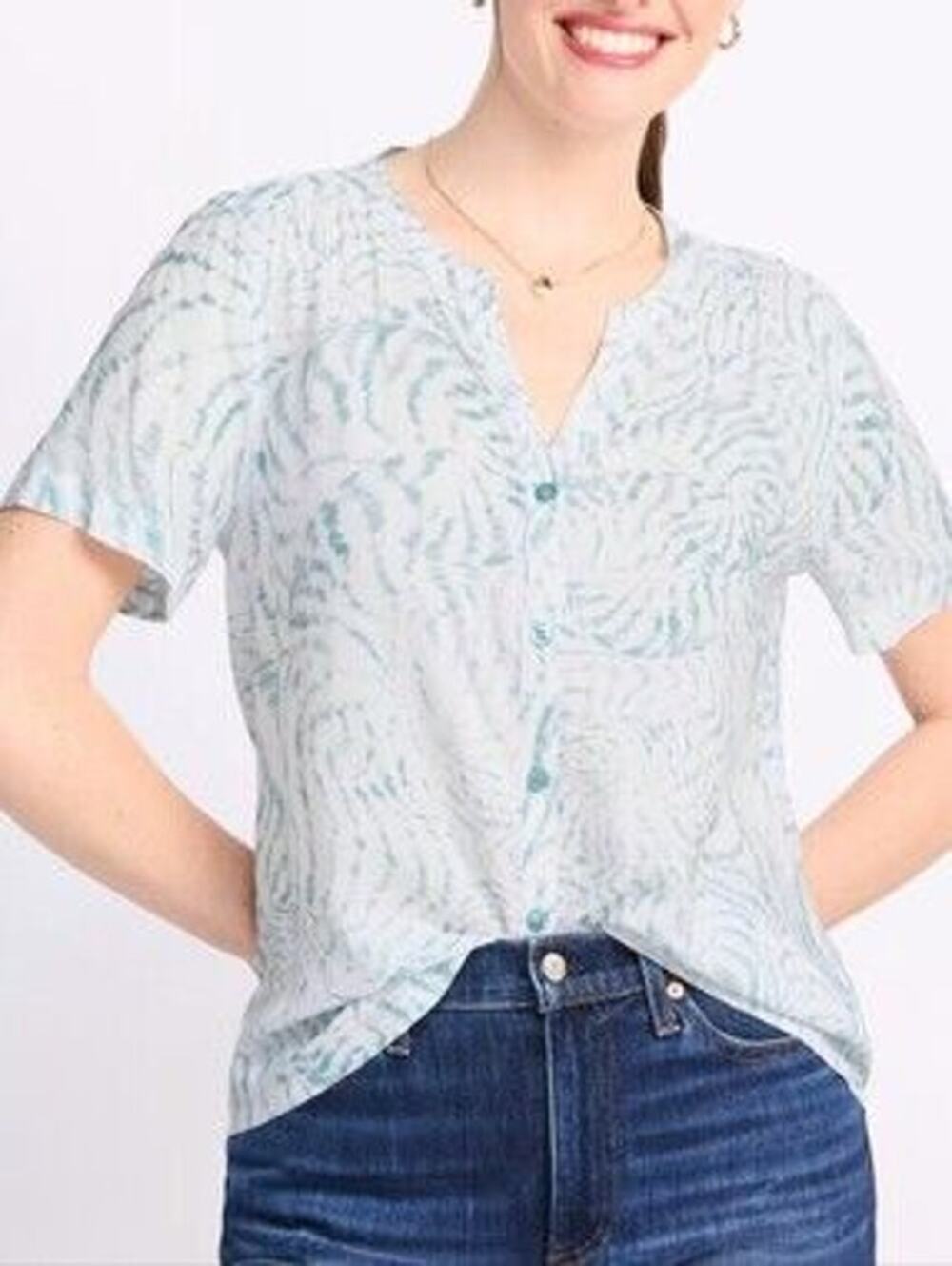 NEW Cosmic Blue Love Button Down Blouse Women's Blue White Short Sleeve 1X